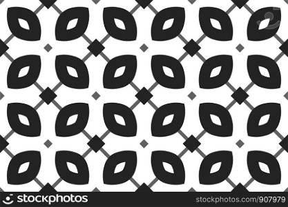 Vector seamless geometric pattern. Shaped black and grey squares and grey lines and black, white rounded diamonds on white background.