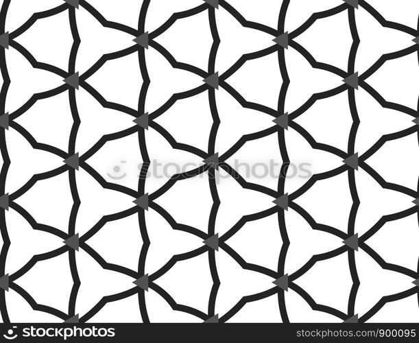 Vector seamless geometric pattern. Shaped black barbed wires and grey triangles in white background.