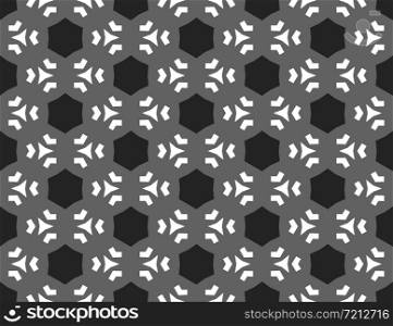 Vector seamless geometric pattern. Shaped black hexagons, white lines and triangles on grey background.