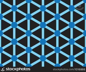 Vector seamless geometric pattern. Shaped blue hexagons and light blue lines on black background.