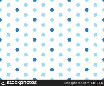 Vector seamless geometric pattern. Shaped blue hexagons and squares on white background.