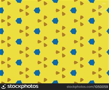 Vector seamless geometric pattern. Shaped blue hexagons, brown triangles on yellow background.
