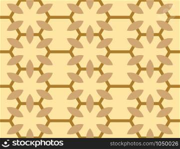 Vector seamless geometric pattern. Shaped brown hexagons and flowers on brown background.