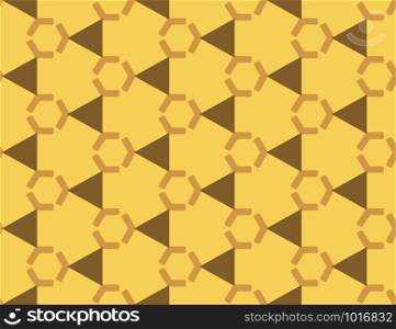 Vector seamless geometric pattern. Shaped brown hexagons and triangles on yellow background.