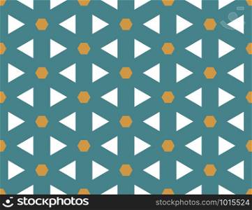 Vector seamless geometric pattern. Shaped brown hexagons and white triangles on blue background.