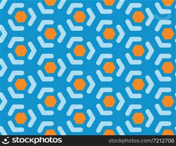 Vector seamless geometric pattern. Shaped brown hexagons, light blue lines, arrows on blue background.
