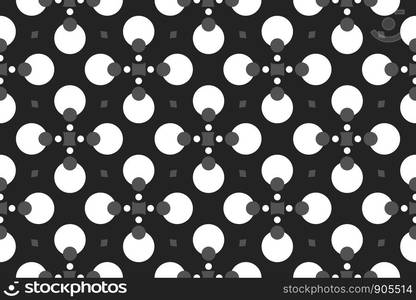 Vector seamless geometric pattern. Shaped circles, squares and diamonds in black, grey and white colors.