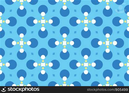 Vector seamless geometric pattern. Shaped circles, squares and diamonds in blue, white and yellow colors on light blue background.