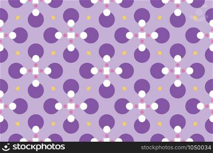 Vector seamless geometric pattern. Shaped circles, squares and diamonds in purple, pink and yellow colors.