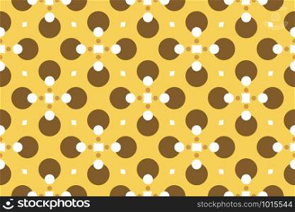 Vector seamless geometric pattern. Shaped circles, squares and diamonds in white, brown colors on yellow background.