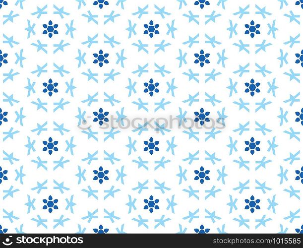 Vector seamless geometric pattern. Shaped dark and light blue flowers and shapes on white background.