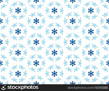 Vector seamless geometric pattern. Shaped dark and light blue flowers and shapes on white background.