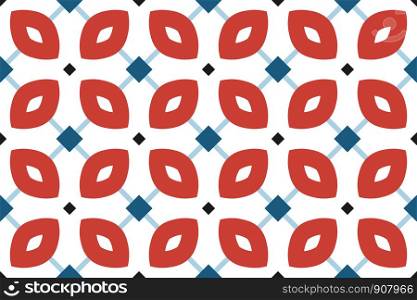 Vector seamless geometric pattern. Shaped dark blue and black squares and light blue lines and red, white rounded diamonds on white background.
