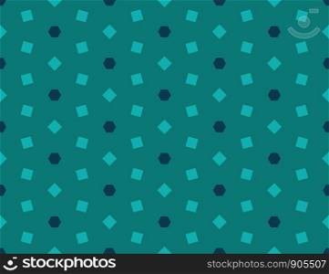 Vector seamless geometric pattern. Shaped dark blue hexagons and matt light square on dark matt green background.