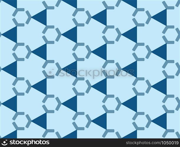 Vector seamless geometric pattern. Shaped dark blue hexagons and triangles on light blue background.