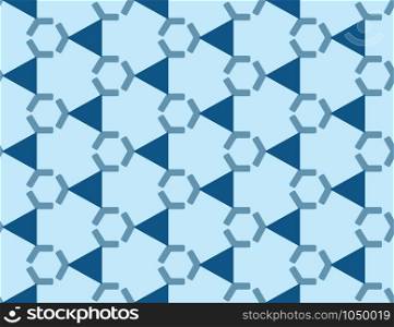 Vector seamless geometric pattern. Shaped dark blue hexagons and triangles on light blue background.