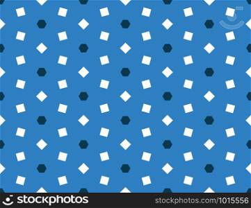 Vector seamless geometric pattern. Shaped dark blue hexagons and white square on blue background.