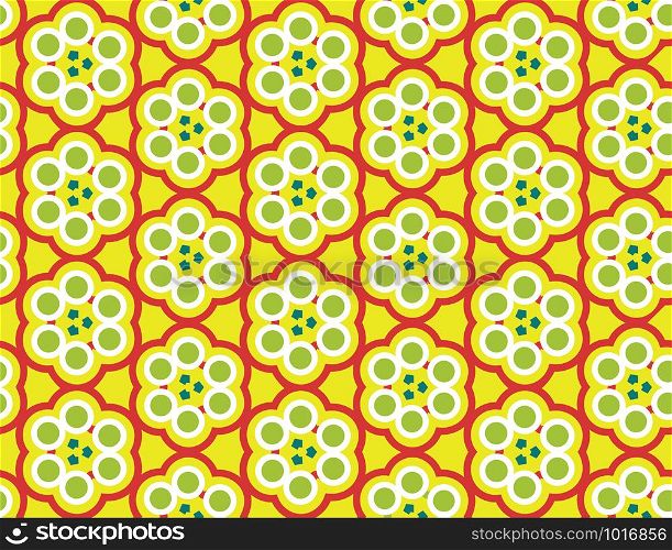 Vector seamless geometric pattern. Shaped flowers, circles, arrows in yellow white and green colors.