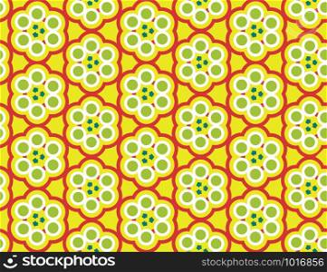 Vector seamless geometric pattern. Shaped flowers, circles, arrows in yellow white and green colors.