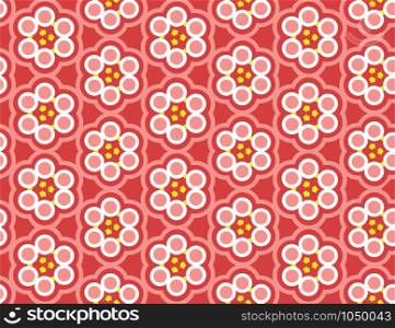 Vector seamless geometric pattern. Shaped flowers, circles, arrows in yellow, white and red colors.