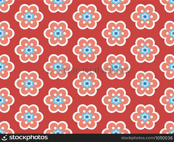 Vector seamless geometric pattern. Shaped flowers, stars in blue and white and red colors on red background.