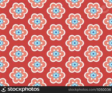 Vector seamless geometric pattern. Shaped flowers, stars in blue and white and red colors on red background.