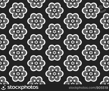 Vector seamless geometric pattern. Shaped flowers, stars in white, grey and black colors.