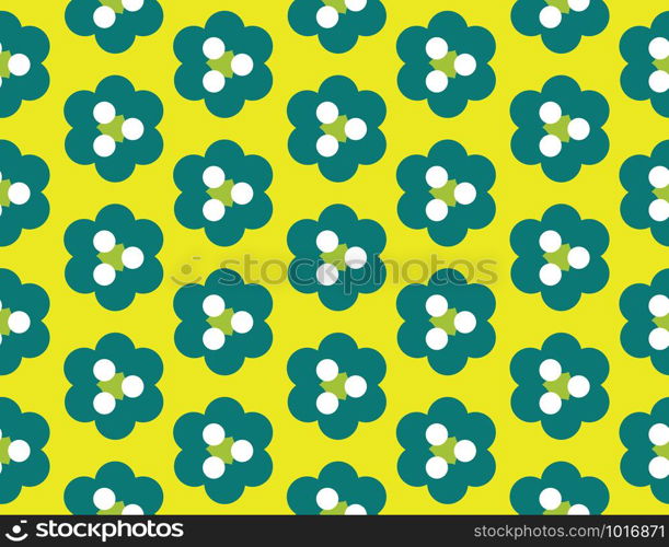 Vector seamless geometric pattern. Shaped green and white circles, triangles, flowers on yellow background.