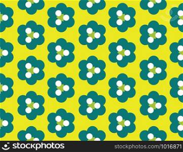 Vector seamless geometric pattern. Shaped green and white circles, triangles, flowers on yellow background.