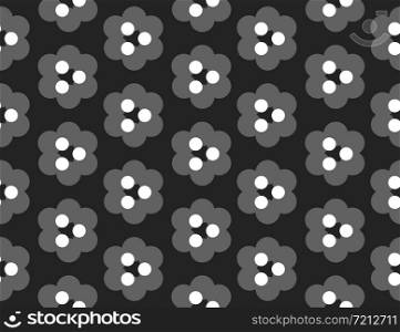Vector seamless geometric pattern. Shaped grey and white circles, triangles, flowers on black background.
