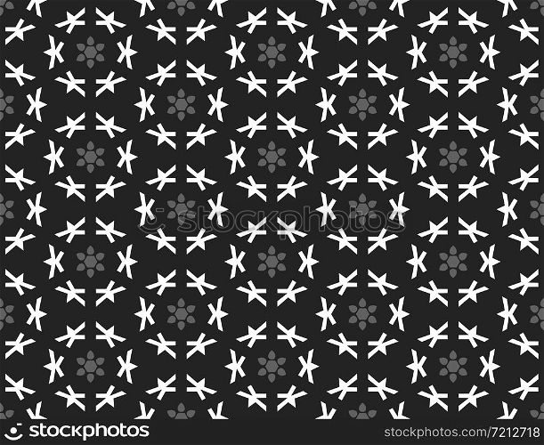 Vector seamless geometric pattern. Shaped grey flowers and white shapes on black background.
