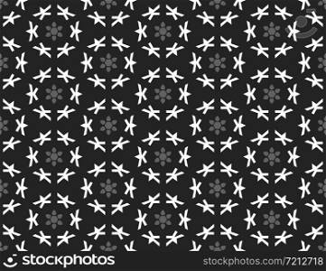 Vector seamless geometric pattern. Shaped grey flowers and white shapes on black background.