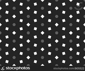 Vector seamless geometric pattern. Shaped grey hexagons and white square on black background.