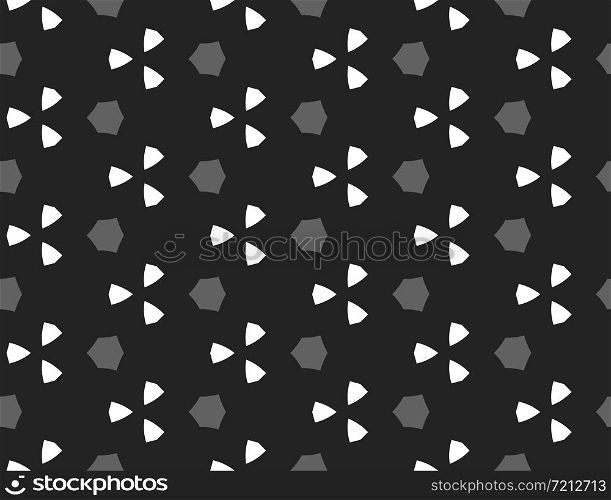 Vector seamless geometric pattern. Shaped grey hexagons, white triangles on black background.