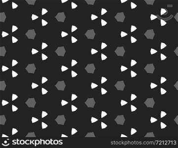 Vector seamless geometric pattern. Shaped grey hexagons, white triangles on black background.