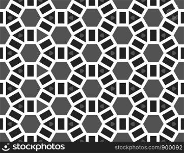 Vector seamless geometric pattern. Shaped hexagons, triangles and rectangles in grey, white and black colors.