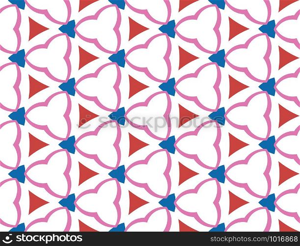 Vector seamless geometric pattern. Shaped in blue red and pink colors on white background.