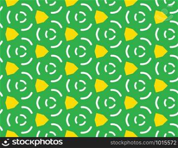 Vector seamless geometric pattern. Shaped in white and yellow colors on green background.