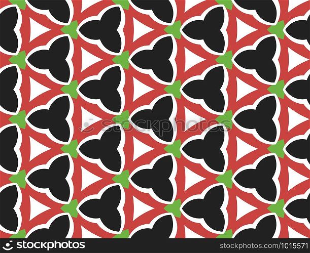 Vector seamless geometric pattern. Shaped in white, black, red and green colors.