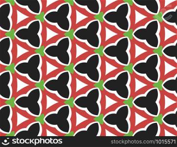 Vector seamless geometric pattern. Shaped in white, black, red and green colors.