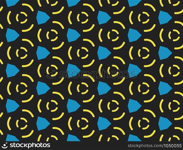 Vector seamless geometric pattern. Shaped in yellow and blue colors on black background.
