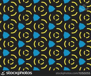 Vector seamless geometric pattern. Shaped in yellow and blue colors on black background.