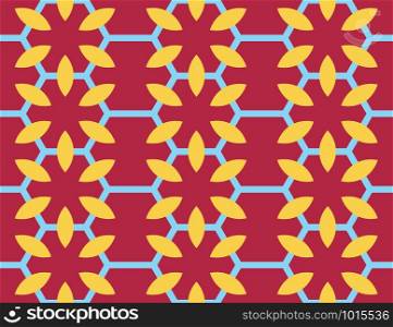 Vector seamless geometric pattern. Shaped light blue hexagons and yellow flowers on claret red background.