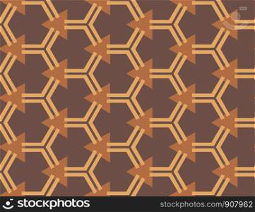 Vector seamless geometric pattern. Shaped light brown line hexagons, brown triangles on dark brown background.