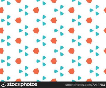 Vector seamless geometric pattern. Shaped orange hexagons, turquoise triangles on white background.