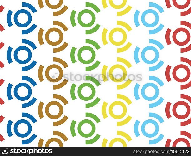 Vector seamless geometric pattern. Shaped red, blue, brown, green, yellow squares and lines on white background.