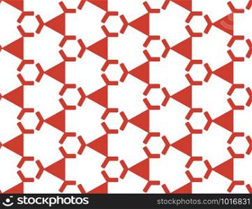 Vector seamless geometric pattern. Shaped red hexagons and triangles on white background.