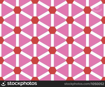 Vector seamless geometric pattern. Shaped red hexagons and white lines on pink background.