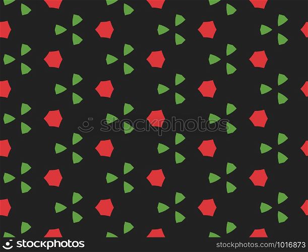 Vector seamless geometric pattern. Shaped red hexagons, green triangles on black background.