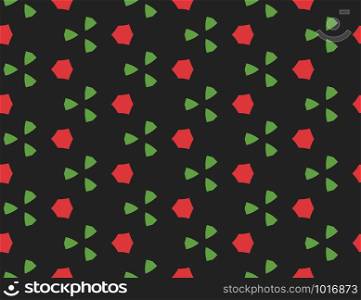 Vector seamless geometric pattern. Shaped red hexagons, green triangles on black background.